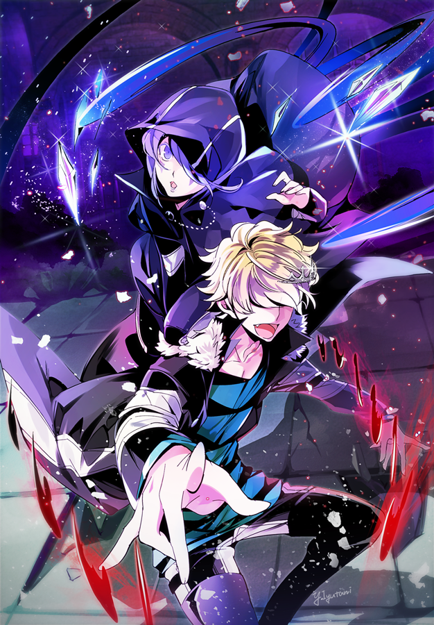 belphegor_(reborn) blonde_hair commentary_request hair_over_eyes iyutani katekyo_hitman_reborn! looking_at_viewer male_focus mammon_(reborn) multiple_boys shirt smile striped_clothes striped_shirt tiara varia