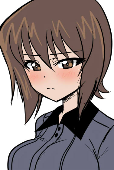 1girl blush breasts brown_eyes brown_hair collared_shirt girls_und_panzer grey_shirt kuromorimine_school_uniform nishizumi_maho school_uniform shirt short_hair wakku_kan