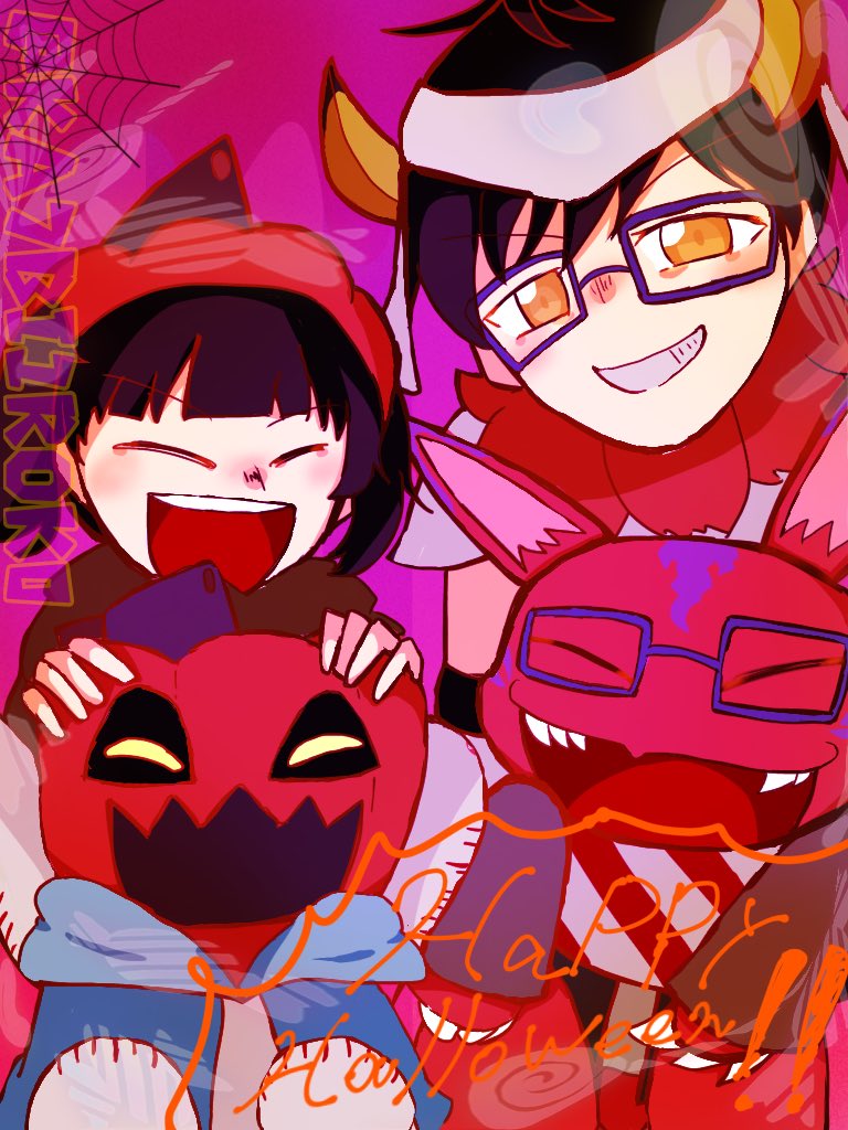 digimon digimon_rearise elecmon glasses halloween halloween_costume happy pumpmon smile tamada_keito tamada_nozomi