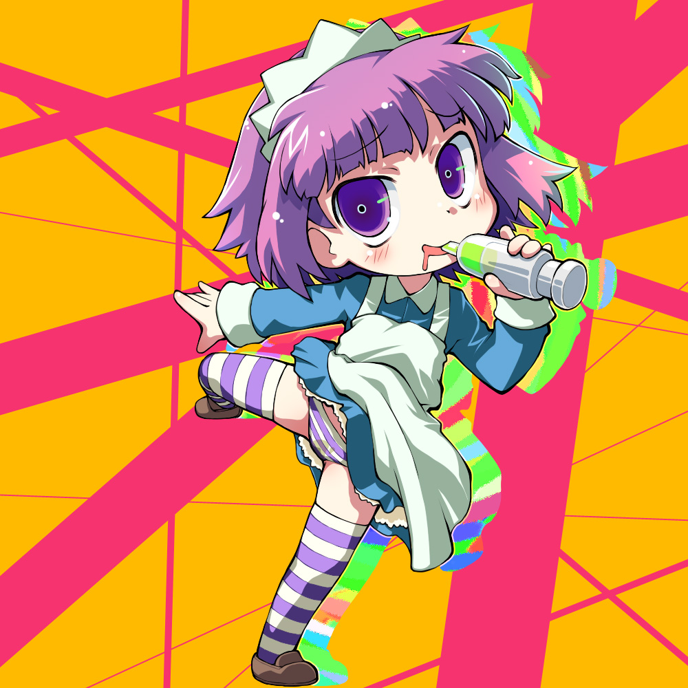 1girl apron blue_dress blush bob_cut chibi colorful dress drooling full_body futaba_channel holding holding_syringe large_syringe leg_up maid maid_headdress mouth_drool nijiura_maids oversized_object panties pantyshot pee_stain peeing peeing_self purple_eyes purple_hair sakurabe_notos short_hair striped_clothes striped_panties striped_thighhighs syringe thighhighs underwear yakui