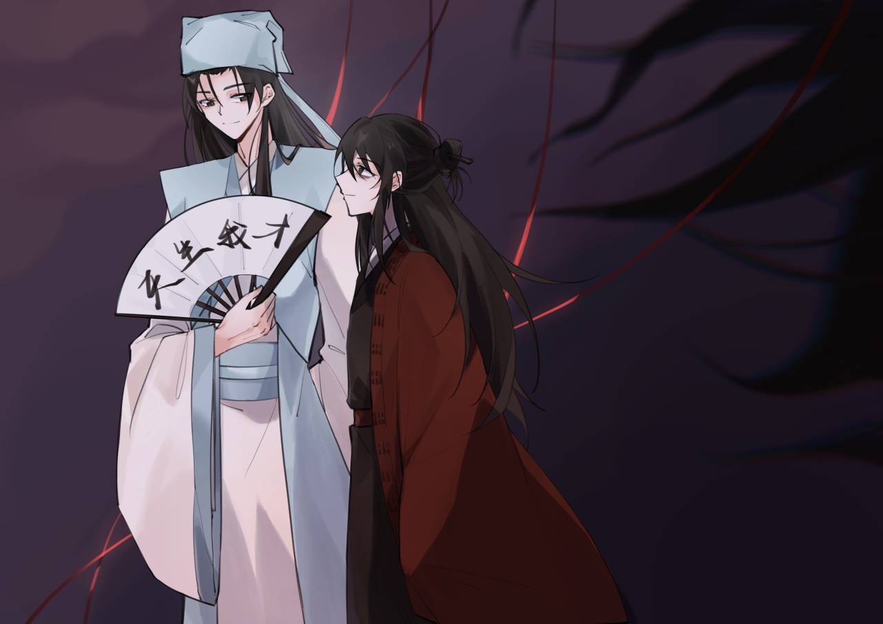 2boys black_eyes black_hair black_hanfu black_smoke blue_hanfu blue_hat calligraphy chinese_clothes chinese_commentary coat colored_smoke ct1365879586 dao_gui_yi_xian folding_fan hair_bun half_updo hand_fan hand_fan_writing hanfu hat hat_ribbon height_difference holding holding_fan jin_(headwear) li_huowang long_hair long_sleeves looking_at_another male_focus multiple_boys night paper_fan profile red_coat ribbon robe single_hair_bun smoke standing string string_of_fate white_hanfu wide_sleeves yaoi zhouzi_jin_(headwear) zhuge_yuan