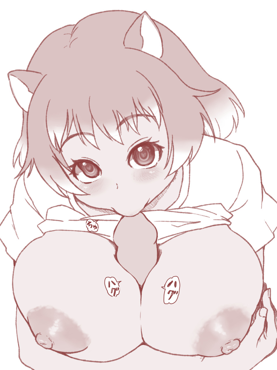 1girl black-tailed_prairie_dog_(kemono_friends) blush breasts_squeezed_together breasts cleavage extra_ears heart heart-shaped_pupils highres isna_(footprintsofisna) kemono_friends kissing_penis large_areolae large_breasts looking_at_viewer monochrome nipples paizuri penis shirt short_hair solo symbol-shaped_pupils