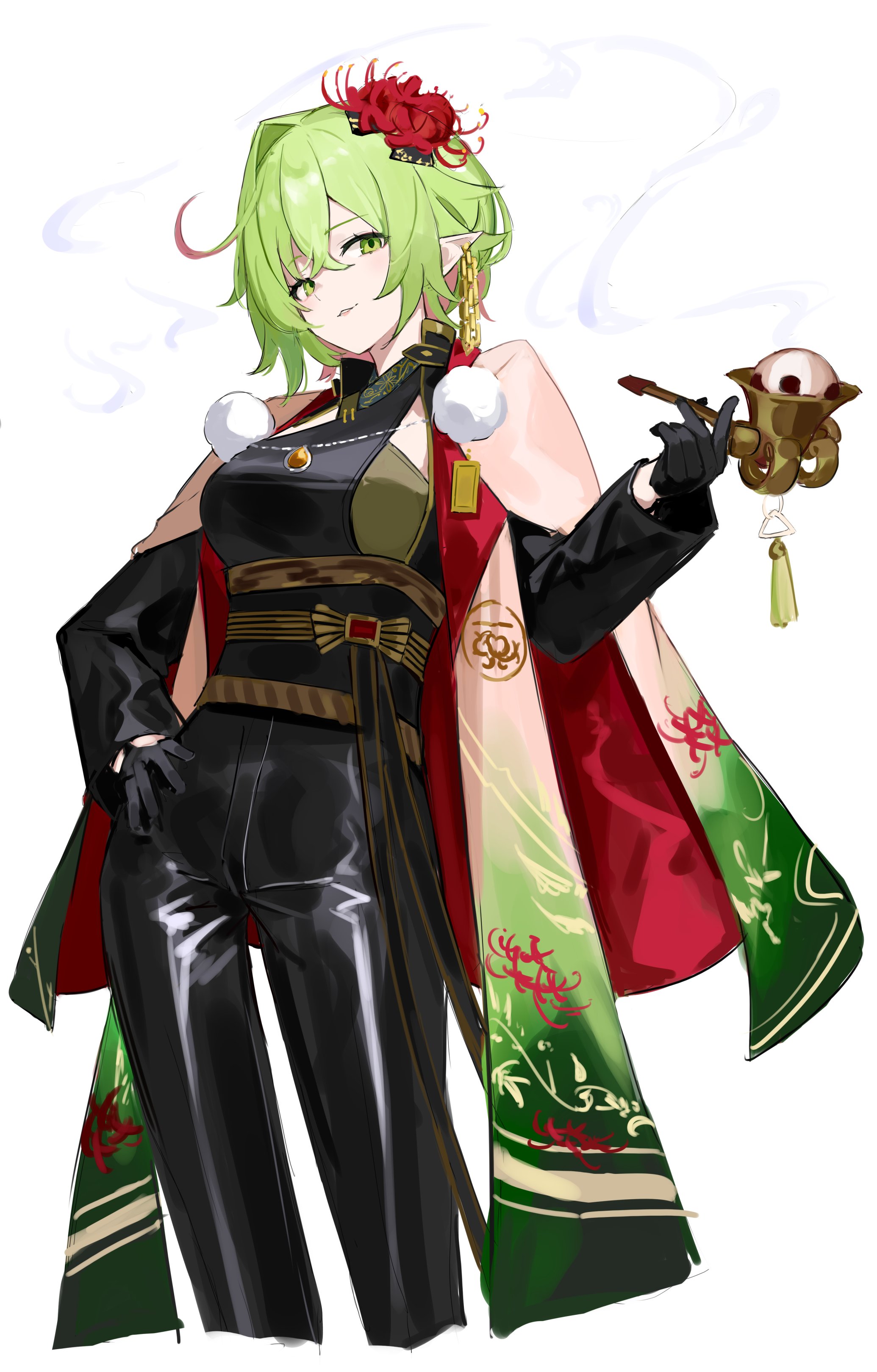 1girl absurdres black_gloves black_leggings breasts cape coat commentary_request cowlick crossed_bangs earrings elf floral_print flower gloves green_eyes green_hair hair_between_eyes hair_flower hair_ornament hand_on_own_hip highres holding holding_smoking_pipe japanese_clothes jewelry large_breasts leggings long_sleeves looking_at_viewer magachiyo_(shadowverse) multicolored_coat obi pointy_ears sash shadowverse shiro_wa_(shiroshironix) short_hair simple_background single_hair_intake sketch smile smirk smoke smoking_pipe solo standing white_background