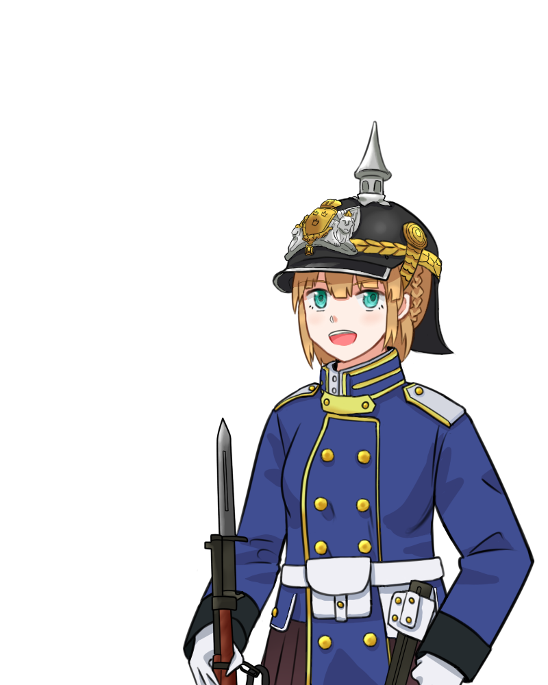 1girl :d aqua_eyes bayonet belt belt_pouch blonde_hair blue_jacket buttons coat_of_arms collared_jacket combat_helmet commentary_request custodian_helmet gloves gotland_(warship_girls_r) gun helmet holding holding_weapon jacket looking_at_viewer military military_uniform open_mouth pickelhaube pouch rifle shoulder_strap smile solo swedish_commentary swedish_uniform tre_kronor warship_girls_r weapon white_background white_belt white_gloves whiterose_tavern