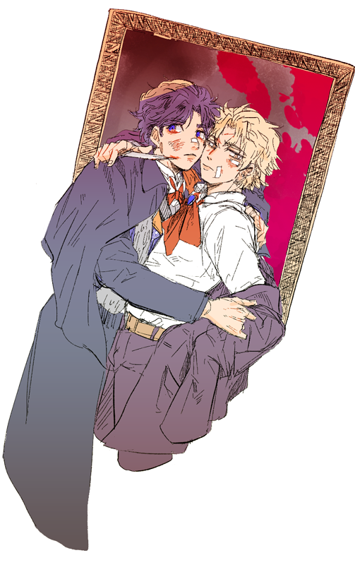 2boys ascot bandaid bandaid_on_face black_hair blonde_hair coat coat_on_shoulders dio_brando framed_image holding holding_weapon injury jojo_no_kimyou_na_bouken jonathan_joestar knife blade_to_throat looking_at_viewer motunikomi multiple_boys phantom_blood weapon