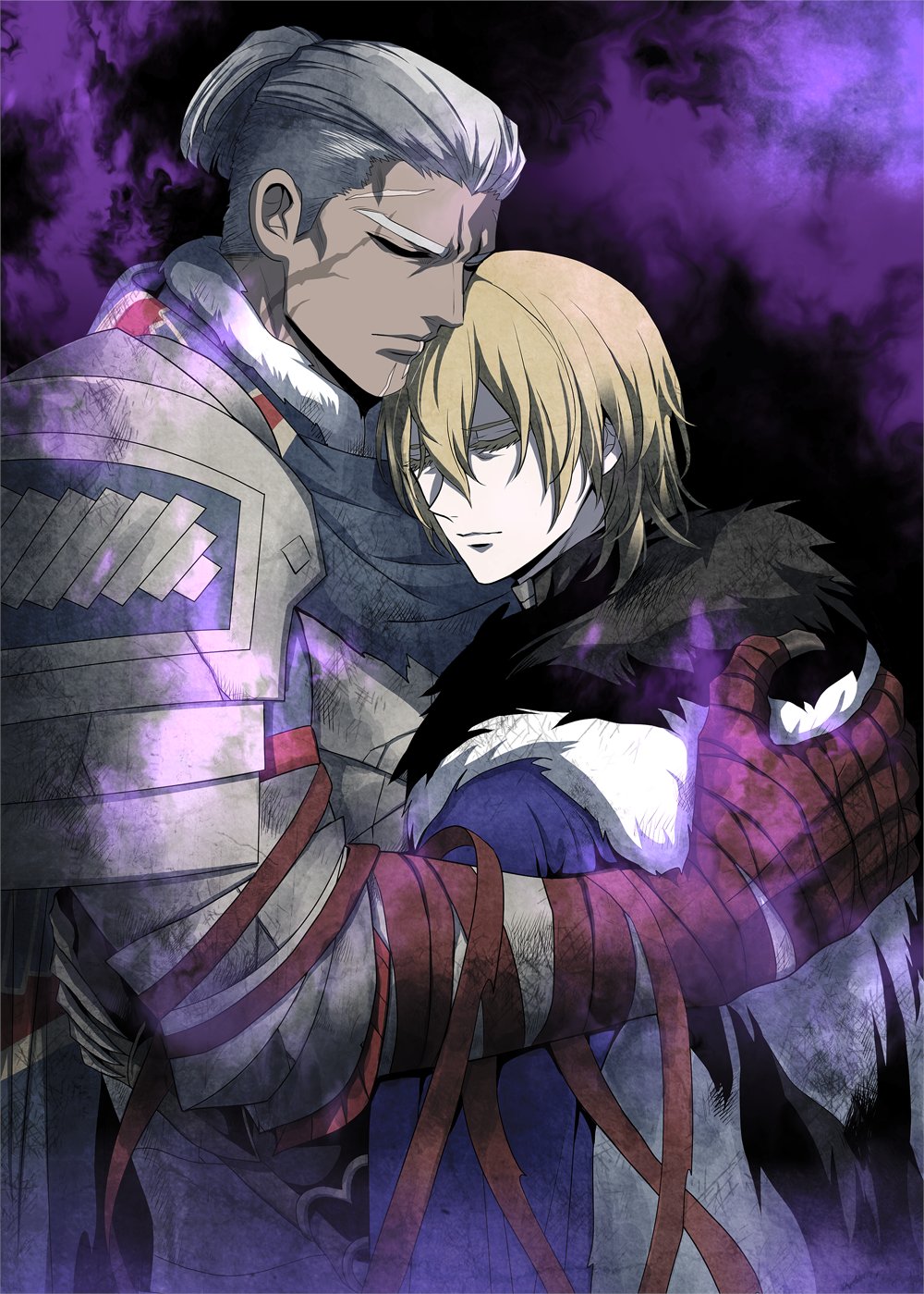 2boys arm_wrap armor black_fur blue_cape blue_scarf cape closed_eyes closed_mouth commentary_request dark-skinned_male dark_skin dedue_molinaro dedue_molinaro_(timeskip) dimitri_alexandre_blaiddyd dimitri_alexandre_blaiddyd_(timeskip) fire_emblem fire_emblem:_three_houses fur-trimmed_collar fur_trim grey_hair hair_between_eyes hand_on_another&#039;s_back highres hug male_focus megubiru multiple_boys nintendo pauldrons ponytail scar scar_on_face scarf short_hair short_ponytail short_sideburns shoulder_armor upper_body white_fur