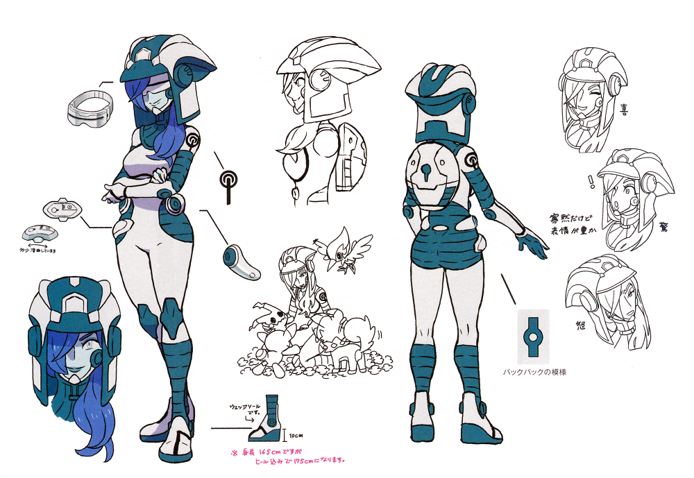 ! 1girl arms_under_breasts artist_request ass asymmetrical_bangs backpack bag blue_eyes blue_hair blue_skin bodysuit boots breasts clenched_hand colored_skin concept_art crossed_arms eyelashes female_focus from_behind gen_7_pokemon hair_over_one_eye helmet high_collar high_heel_boots high_heels japanese_text knee_boots kneeling large_breasts laughing legs_together lipstick long_hair looking_afar looking_at_viewer makeup mimikyu multiple_expressions multiple_views nintendo official_art oricorio parted_lips partially_colored pikipek pokemon pokemon_(creature) pokemon_usum profile rockruff serious size_difference smile soliera_(pokemon) standing stufful surprised tight_clothes translation_request ultra_recon_squad_uniform white_background