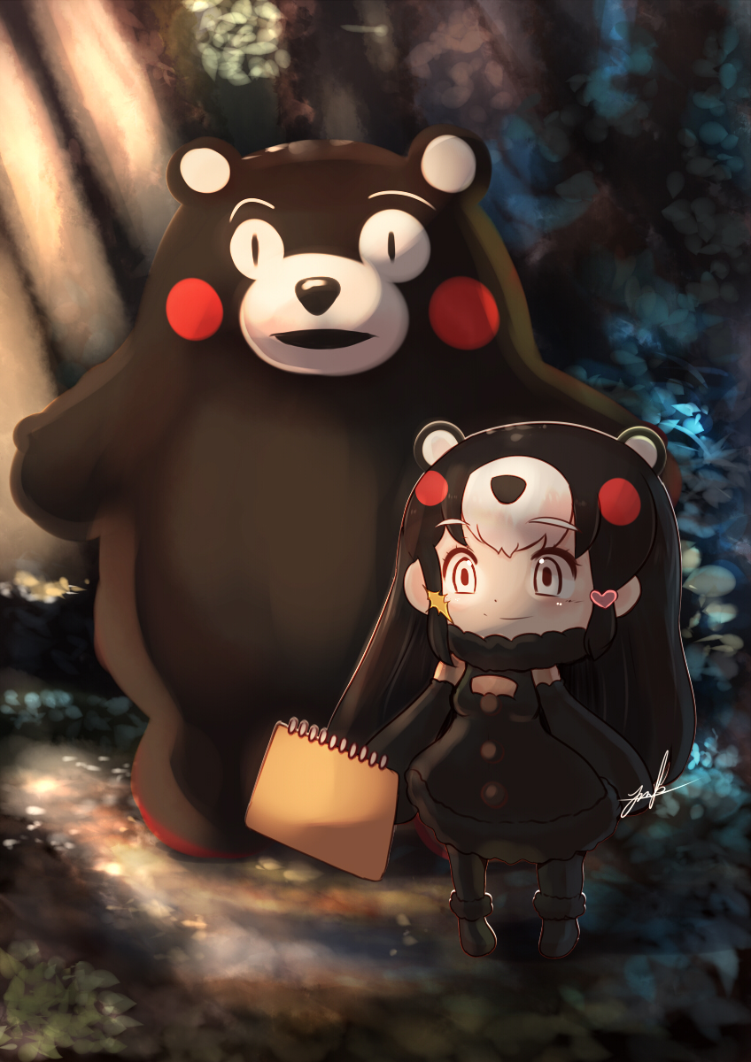 black_dress black_gloves black_hair black_legwear chibi_kumamon_(kemono_friends) dress gloves highres kemono_friends kemono_friends_3 kumamon long_hair