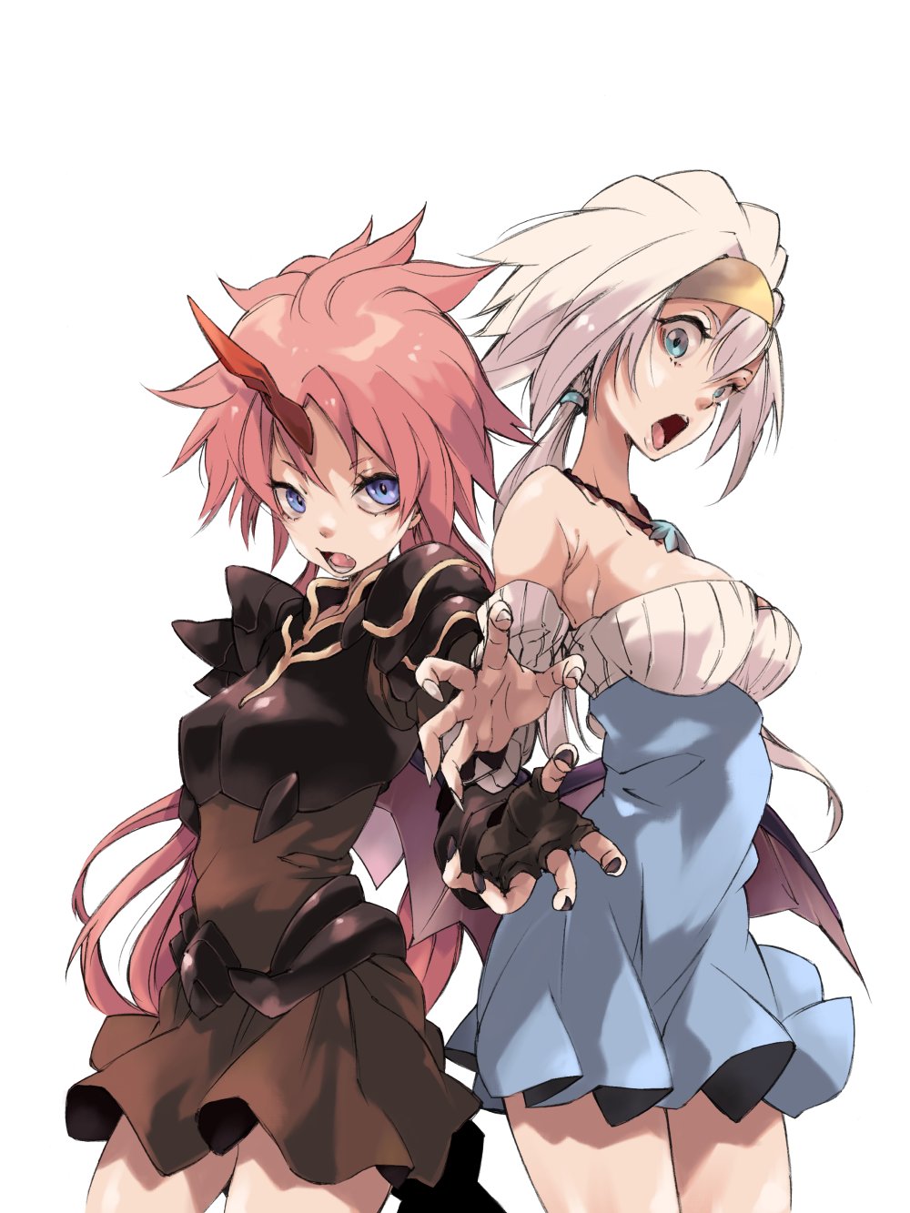 2girls armor bare_shoulders black_dress black_nails blue_dress blue_eyes breastplate breasts cowboy_shot detached_sleeves dress fingerless_gloves fingernails gloves headband highres horns jewelry large_breasts long_hair long_sleeves makkamu milim_nava multiple_girls nail_polish necklace open_mouth pink_hair ponytail sharp_fingernails shoulder_armor single_horn sleeveless sleeveless_dress small_breasts tensei_shitara_slime_datta_ken thighs velzard velzard_(tensura) white_background white_hair