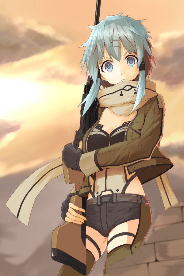 10s 1girl anti-materiel_rifle blue_eyes blue_hair bolt_action female_focus fingerless_gloves gloves gun looking_at_viewer matching_hair/eyes pgm_hecate_ii rifle scarf short_hair short_shorts shorts sinon sniper_rifle solo sword_art_online tsuru_(tsubasa1993621) weapon