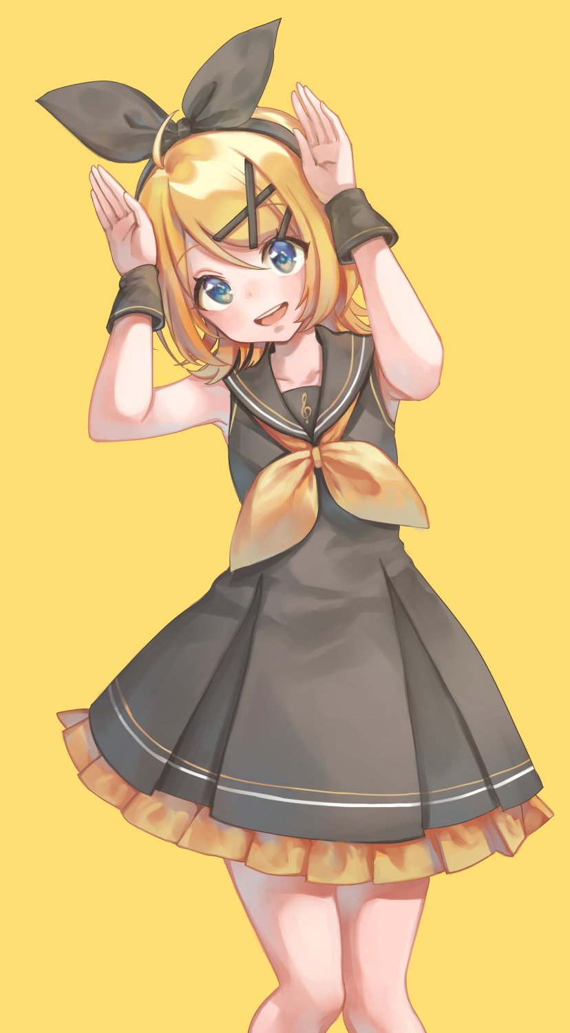 1girl armpits asahi_yuuji bare_shoulders black_bow black_dress black_wrist_cuffs blonde_hair blue_eyes blush borrowed_design bow bowtie collarbone commentary dress female_focus frilled_dress frills hair_bow hair_ornament hairclip hands_up highres kagamine_rin light_blush looking_up short_hair simple_background smile solo sour_model_(mikumikudance) treble_clef upper_body vocaloid wrist_cuffs yellow_background