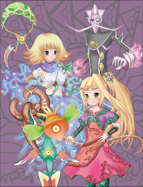 1boy 2girls arlon_(kid_icarus) artist_request blonde_hair colored_skin dress electricity facial_hair gloves green_eyes kid_icarus kid_icarus_uprising long_hair monocle multiple_girls mustache nintendo nutski one-eyed phosphora ponytail purple_eyes purple_skin scar short_hair staff viridi white_hair