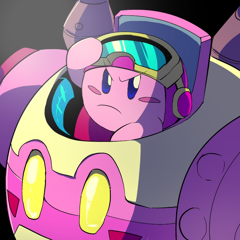 adjusting_eyewear black_background blue_eyes blush_stickers closed_mouth commentary_request frown goggles goggles_on_head hand_on_eyewear helmet kirby kirby:_planet_robobot kirby_(series) looking_at_viewer mecha nintendo no_humans pink_headwear red_footwear robobot_armor robot shirushiki shoes v-shaped_eyebrows yellow-framed_eyewear