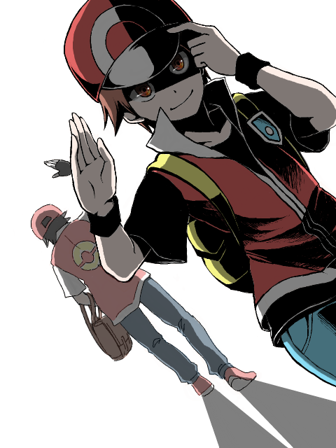 00s 1990s_(style) 2boys alternate_costume baseball_cap black_hair brown_hair dual_persona gloves hat mariemon multiple_boys nintendo pokemon pokemon_frlg pokemon_rgby red_(pokemon) red_(pokemon_frlg) retro_artstyle sabakan tegaki waving