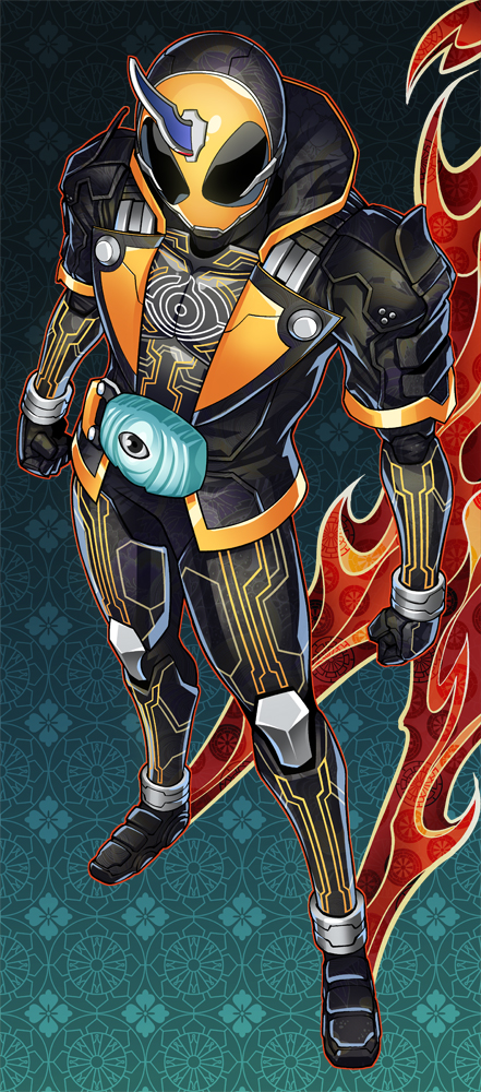 1boy armor belt black_armor black_footwear eyecon fireflies fujisawa_naoyuki full_body ghost ghost_driver hood hood_up horns jacket kamen_rider kamen_rider_ghost kamen_rider_ghost_(series) male_focus mask neon_trim ore_damashii parka see-through_clothes single_horn solo spirit standing tokusatsu