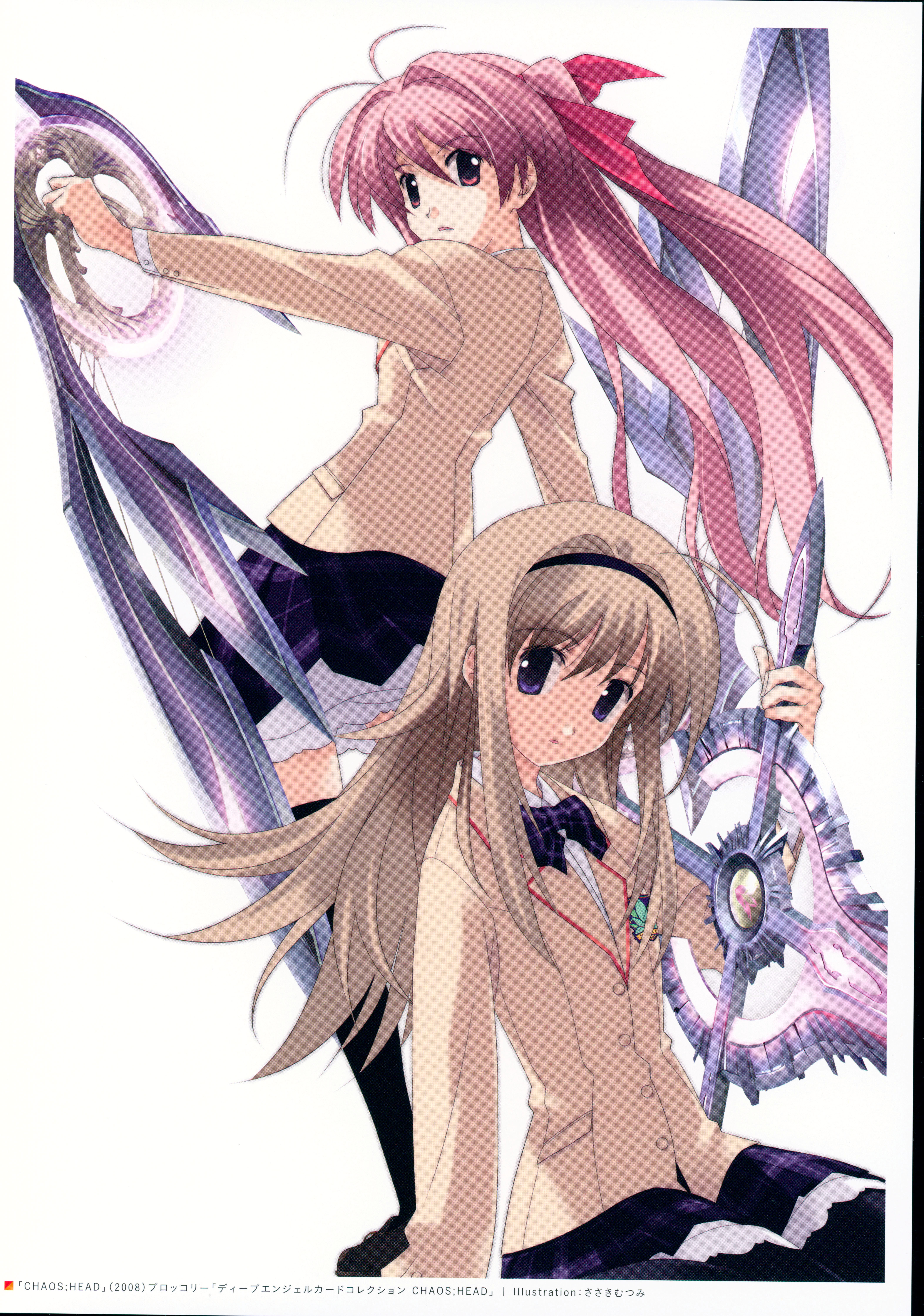 2008 2girls absurdres ahoge antenna_hair black_hairband black_skirt black_thighhighs blazer blonde_hair bow bowtie breasts brown_jacket chaos;head collared_shirt d-sword dated dynamic_pose ears_visible_through_hair frills glowing hair_bow hair_ribbon hairband highres holding holding_weapon jacket kneehighs layered_skirt long_hair looking_at_viewer looking_back multiple_girls nishijou_nanami non-web_source official_art open_mouth pantyhose petticoat pink_bow pink_eyes pink_hair plaid_bow plaid_bowtie plaid_clothes plaid_skirt purple_eyes ribbon sakihata_rimi sasaki_mutsumi scan school_emblem school_uniform serious shirt skirt socks suimei_academy suimei_school_uniform sword thighhighs twintails very_long_hair weapon white_background white_petticoat white_shirt