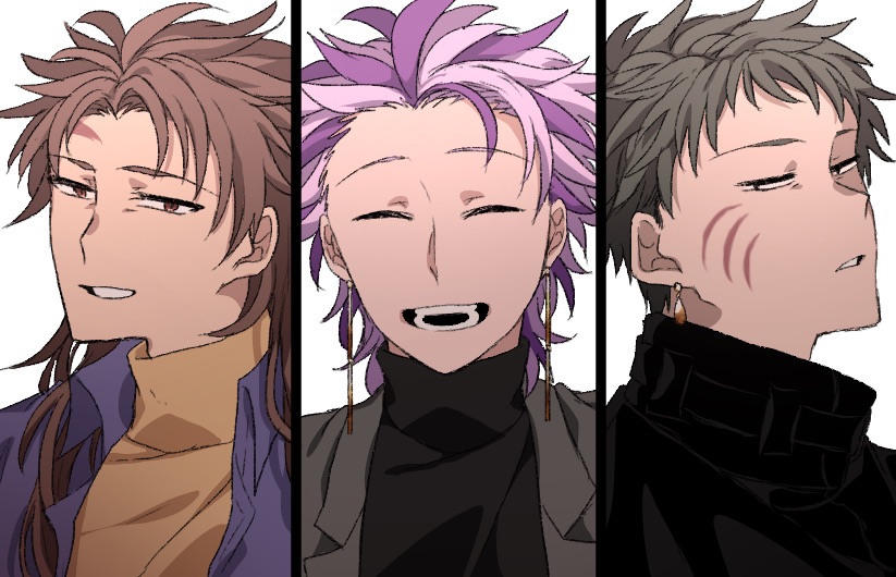 3boys black_jacket black_sweater blue_jacket brown_hair brown_sweater closed_eyes commentary_request dreyfus_zweig earrings facial_scar grey_jacket harada_minoru high_collar jacket jewelry male_focus multicolored_hair multiple_boys narrowed_eyes open_clothes open_jacket open_mouth parted_bangs pink_hair purple_hair red_eyes saibou_shinkyoku scar scar_on_cheek scar_on_face scar_on_forehead shinonogi short_hair simple_background smile sweater theodore_riddle turtleneck turtleneck_sweater two-tone_hair white_background