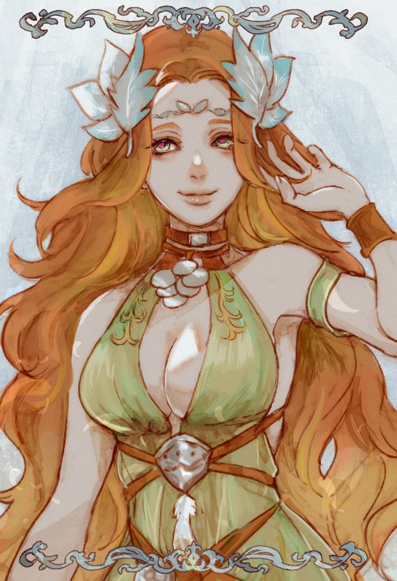 1girl bare_shoulders breasts brown_hair circlet cleavage closed_mouth dress final_fantasy final_fantasy_xiv green_dress hair_ornament hand_in_own_hair large_breasts leaf_hair_ornament long_hair nophica oyatsuredgray parted_bangs sleeveless sleeveless_dress smile solo upper_body wavy_hair