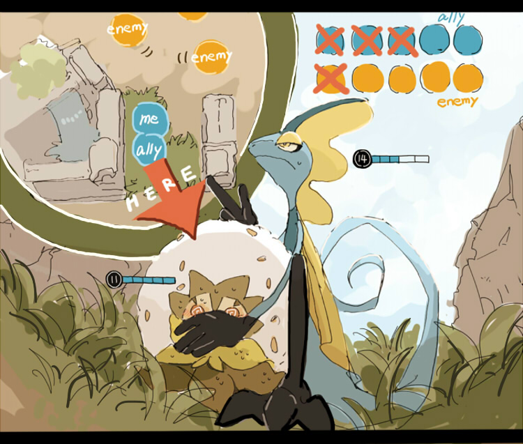 2others @_@ blue_skin cape cc8nw42u15apug0 colored_skin dizzy eldegoss eyeshadow frown gen_8_pokemon grass inteleon lizard lizard_tail looking_up makeup multiple_others nintendo pokemon pokemon_(creature) pokemon_unite seed sweatdrop tail white_hair yellow_cape yellow_cloak yellow_eyeshadow