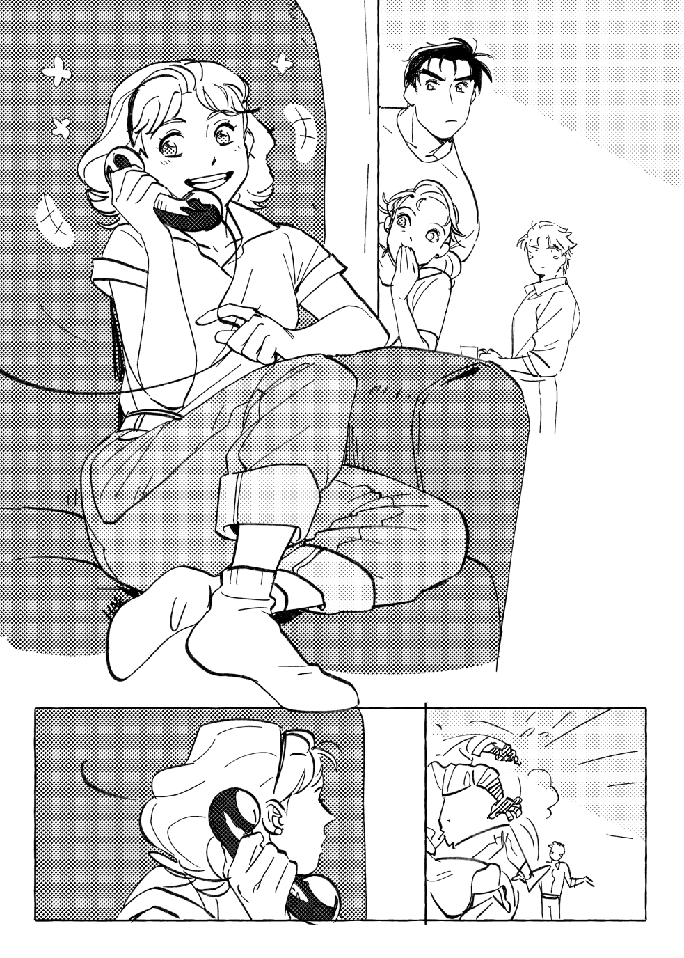 alternate_universe caesar_anthonio_zeppeli comic covering_own_mouth denim greyscale hairband hakmonss halftone highres holding holding_phone jeans jojo_no_kimyou_na_bouken joseph_joestar joseph_joestar_(young) kuujou_holly monochrome pants peeking peeking_out phone suzi_q talking_on_phone
