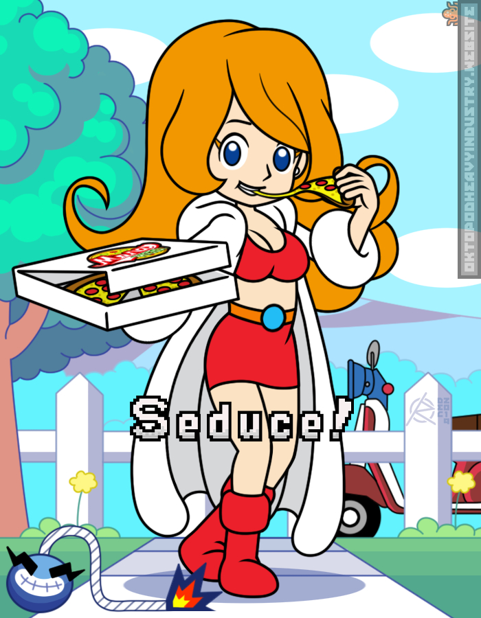 1girl artist_name blue_sky cloud coat crop_top eating english_text food gameplay_mechanics hand_on_own_hip holding holding_food holding_pizza long_hair looking_at_viewer midriff miniskirt mona_(warioware) motor_vehicle nintendo orange_hair pizza pizza_box pizza_slice ragnaroktopod red_footwear red_skirt scooter signature skirt sky smile tree warioware white_coat