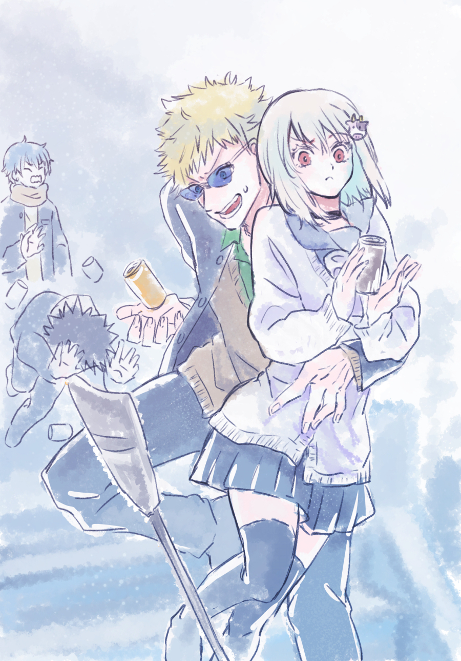 1boy 1girl a_certain_high_school_uniform accelerator_(toaru_majutsu_no_index) albino animal_hair_ornament blonde_hair blue_jacket blue_pants blue_skirt blue_theme blue_thighhighs blurry blurry_background brown_sweater can cane choker closed_mouth colored_eyelashes crutch gakuran genderswap genderswap_(mtf) green_shirt hair_ornament hairclip highres holding holding_can jacket miniskirt mitoki_mtk open_mouth pale_skin pants red_eyes school_uniform serafuku shirt short_hair skirt spiked_hair standing sunglasses surprised suzushina_yuriko sweater thighhighs toaru_majutsu_no_index tripping tsuchimikado_motoharu white_hair white_sweater winter_uniform zettai_ryouiki