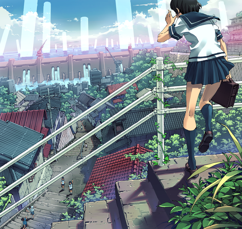 2boys 3girls album_cover androgynous back bag black_hair cityscape cloud cover crane_(machine) day dyke flood kneepits legs multiple_boys multiple_girls nature ocean original outdoors plant power_lines railing rooftop scenery school_bag school_uniform serafuku short_hair sky slice_of_life solo_focus stairs tatsuwo vines water waterfall