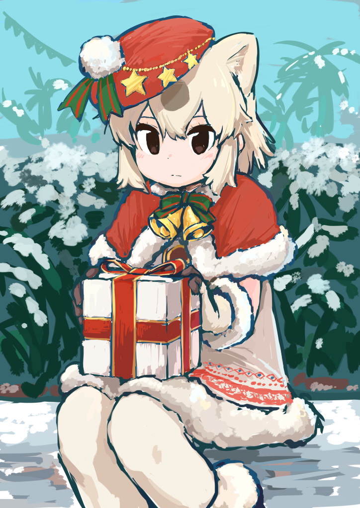 1girl animal_ears bear_ears bell beret cloak commentary_request dress fur_trim gift hat kemono_friends kemono_friends_festival long_sleeves multicolored_hair polar_bear_(kemono_friends) rumenia_(ao2is) sitting snow solo white_hair