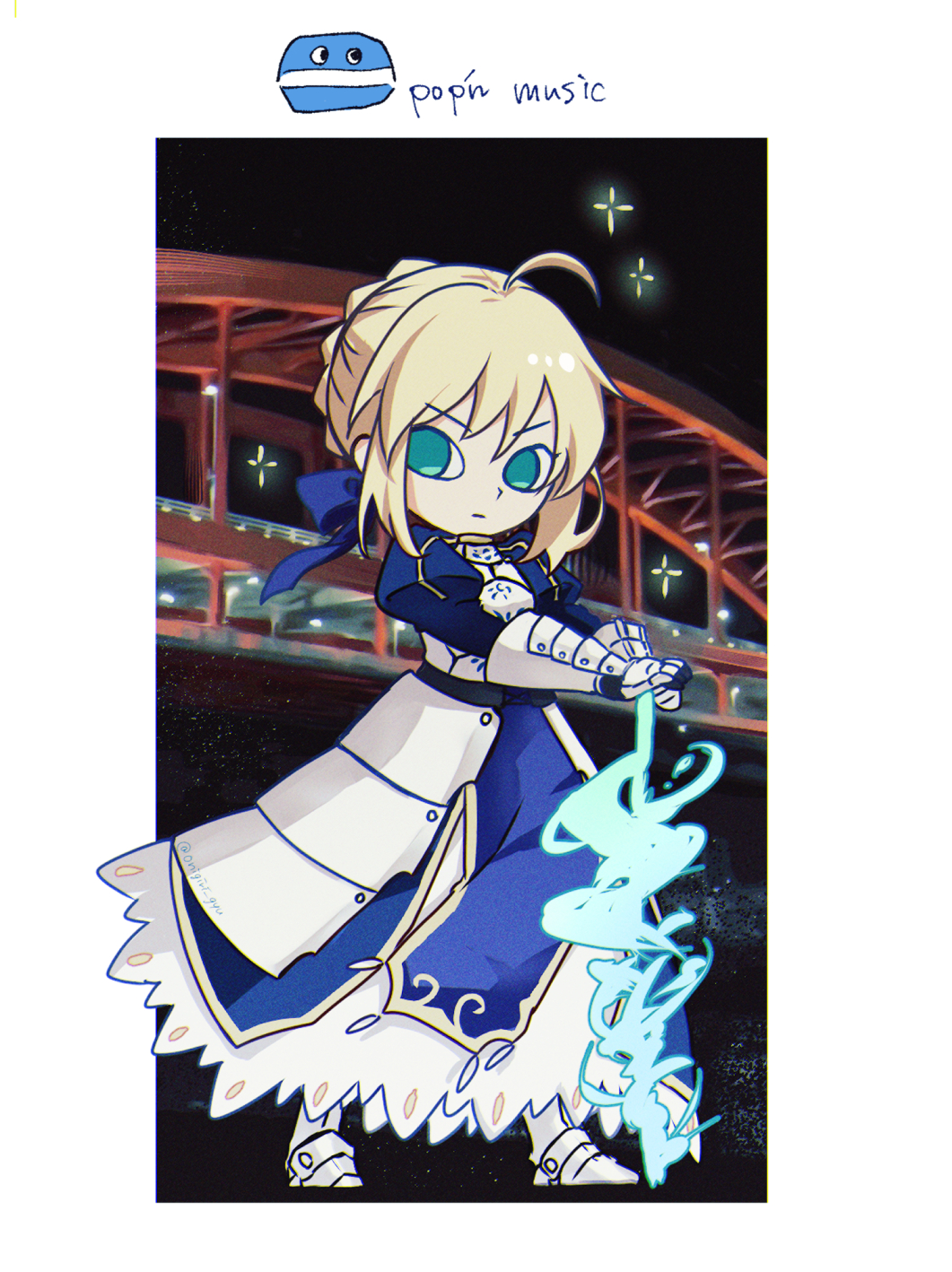 1girl armor armored_boots armored_dress artoria_pendragon_(fate) bemani blue_dress blue_ribbon boots border braid braided_bun closed_mouth commentary deformed dress excalibur_(fate/stay_night) fate_(series) fuyuki_bridge gauntlets green_eyes hair_bun hair_ribbon hand_on_hilt highres invisible_air_(fate) juliet_sleeves long_sleeves looking_at_viewer looking_to_the_side medium_hair night nigiri outdoors outside_border parody planted planted_sword planted_weapon pop&#039;n_music pop&#039;n_music_(style) puffy_sleeves ribbon saber_(fate) sidelocks simple_background single_hair_bun solo standing style_parody sword symbol-only_commentary weapon white_background white_border