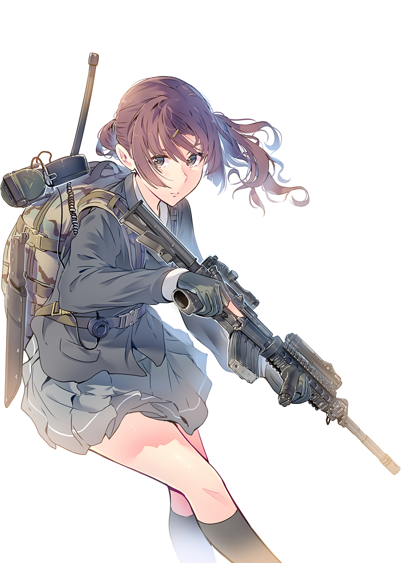 1girl assault_rifle backpack bag brown_hair camouflage daito foregrip gloves gun hair_ornament hairclip headset headset_removed holding holding_gun holding_weapon machete military original partially_fingerless_gloves ponytail rifle school_uniform sheath sheathed solo trigger_discipline weapon white_background