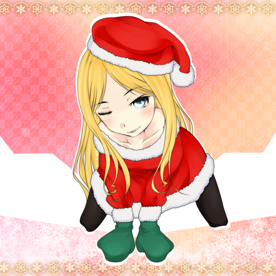1girl alternate_eyebrows blonde_hair blue_eyes christmas commentary_request dress frenda_seivelun full_body fur-trimmed_dress fur-trimmed_headwear fur-trimmed_sleeves fur_trim gloves green_gloves green_mittens hat head_tilt light_blush long_hair looking_at_viewer mismatched_eyebrows mittens one_eye_closed parted_lips pink_background red_dress red_hat santa_costume santa_dress santa_hat shin_(highest1192) solo sozaiyamimi toaru_majutsu_no_index toaru_majutsu_no_index:_old_testament very_long_hair