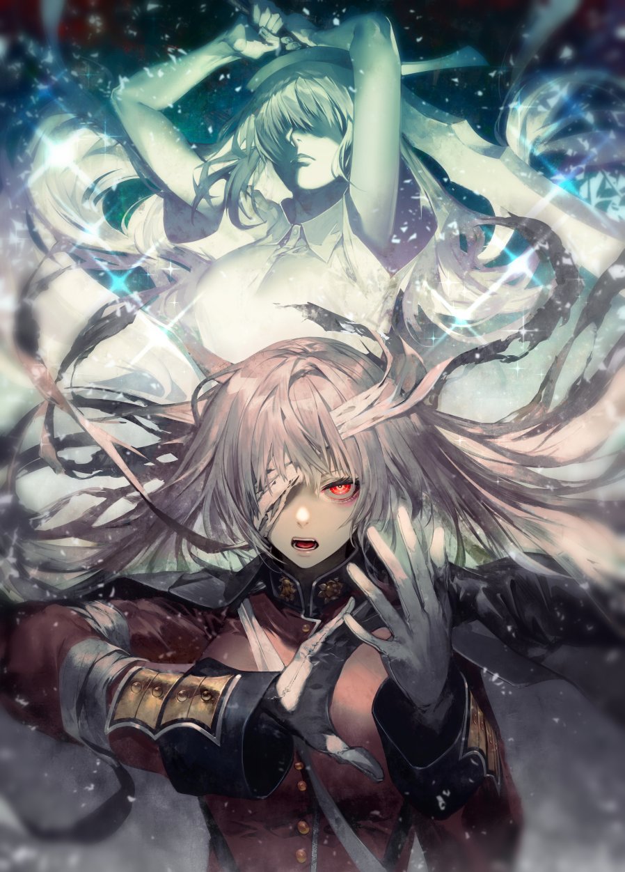 2girls bandage_over_one_eye bandages between_breasts black_coat breasts coat coat_on_shoulders fate/grand_order fate_(series) florence_nightingale_(fate) florence_nightingale_(third_ascension)_(fate) fur-trimmed_sleeves fur_trim gloves highres jacket kodama_(wa-ka-me) long_hair looking_at_viewer military military_uniform multiple_girls red_eyes red_jacket strap_between_breasts white_gloves white_hair