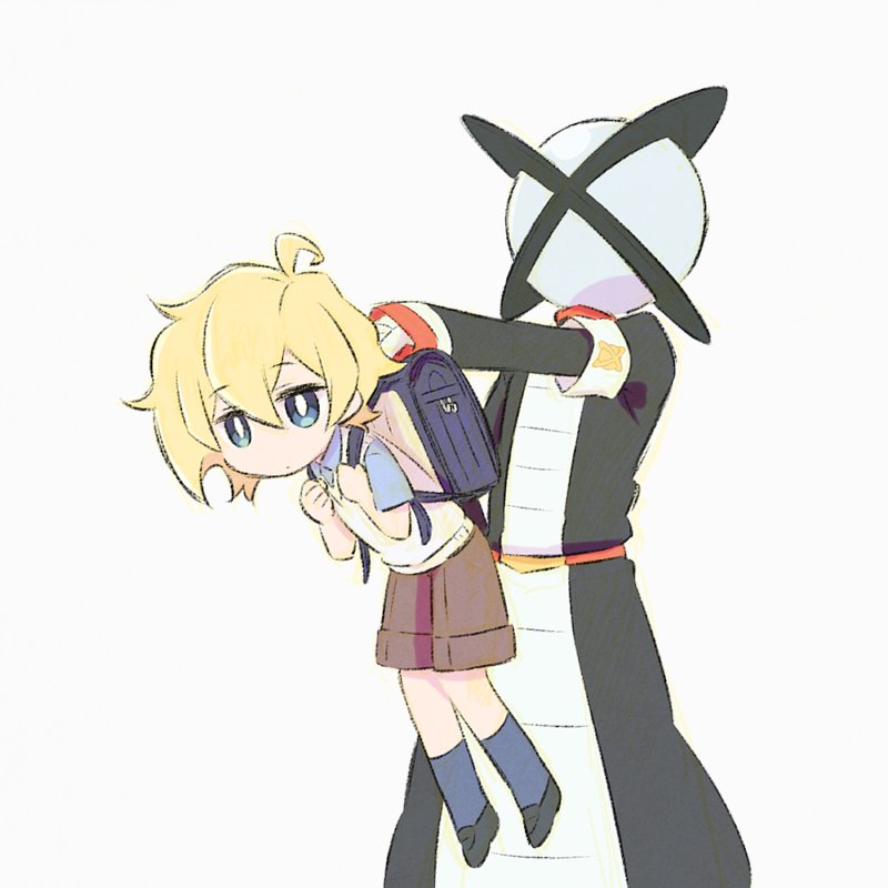 10s 2boys aged_down alpha_omega_nova backpack bag blackholian blonde_hair blue_eyes child clothes_grab grey_background jitome kneehighs male_focus mt.somo multiple_boys randoseru shirt_grab shorts simple_background socks spoilers uchuu_patrol_luluco white_background