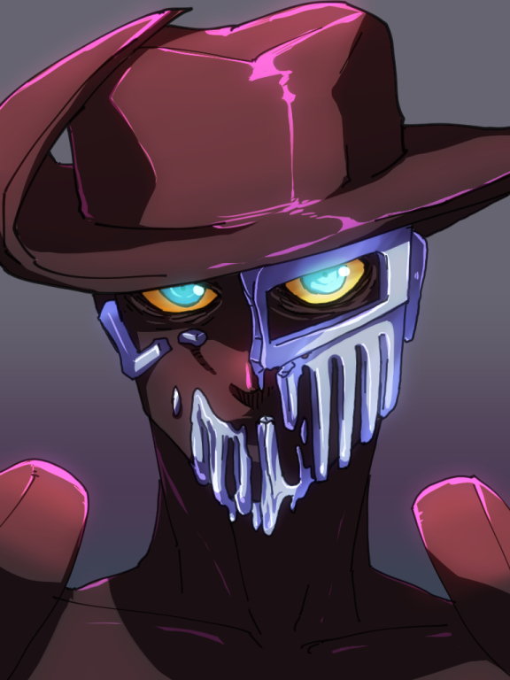 1boy blue_eyes chariot_requiem dark-skinned_male dark_skin glowing glowing_eyes hat jojo_no_kimyou_na_bouken kamiura male_focus mask silver_chariot solo vento_aureo