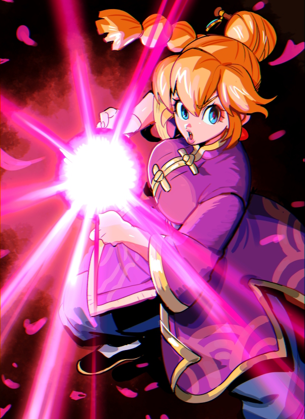 1girl baggy_pants black_footwear black_pants blonde_hair blue_eyes braid braided_ponytail changpao chinese_clothes dragon_ball glowing hair_ornament hair_stick kamehameha_(dragon_ball) kung_fu_peach mario_(series) martial_arts nanika_(nnkgh) nintendo official_alternate_hairstyle open_mouth pants parody pink_robe princess_peach princess_peach:_showtime! robe sidelocks wide_sleeves