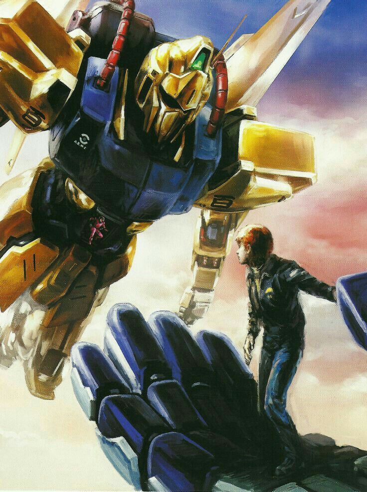 2boys aeug amuro_ray cable carrying cloud commentary english_commentary fake_screenshot flying gundam gundam_mk_ii hyaku_shiki jacket machinery mecha mecha_pilot_suit mobile_suit multiple_boys official_art open_hatch painting_(medium) pilot promotional_art quattro_bajeena radio_antenna red_hair riding robot roundel scan science_fiction spacesuit spoilers tenjin_hidetaka traditional_media zeta_gundam