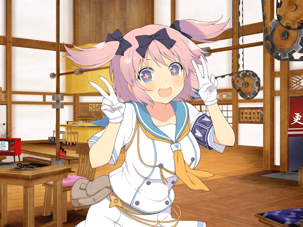 +_+ 1girl :d architecture ascot belt belt_pouch blue_eyes blue_necktie blue_sailor_collar blue_skirt blush bow breasts brown_belt buttons chain chair collarbone crt double-breasted double_v east_asian_architecture flower-shaped_pupils gears gloves hair_bow hanzou_academy_school_uniform hibari_(senran_kagura) indoors kunai large_breasts lever looking_at_viewer miniskirt necktie ninto_(senran_kagura) official_art open_mouth orange_ascot pink_hair pink_pupils pleated_skirt pouch radio_antenna sailor_collar school_uniform senran_kagura senran_kagura_new_link senran_kagura_shoujo-tachi_no_shin&#039;ei serafuku shirt short_hair short_sleeves short_twintails shouji shuriken skirt sliding_doors smile solo symbol-shaped_pupils table twintails v weapon white_gloves white_serafuku white_shirt wooden_chair wooden_floor wooden_table yaegashi_nan