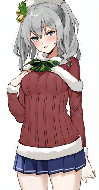 1girl bell blue_eyes blue_skirt blush bow breasts cowboy_shot green_bow grey_hair grey_hat hair_bell hair_ornament hand_on_own_chest hat kantai_collection kashima_(christmas)_(kancolle) kashima_(kancolle) long_sleeves medium_breasts miniskirt neju parted_lips pleated_skirt red_sweater ribbed_sweater simple_background skirt solo sweater twintails wavy_hair white_background