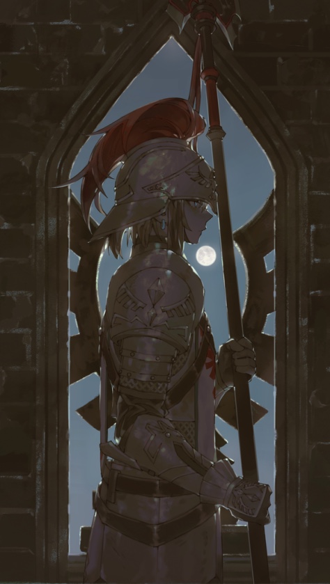 1boy arm_guards armor blonde_hair blue_eyes blue_sky bracer brick_wall chainmail cowboy_shot earrings faulds from_side full_moon gauntlets helmet holding holding_polearm holding_weapon indoors jewelry knight link medium_hair moon night night_sky nintendo pauldrons plume polearm shoulder_armor sky soldier&#039;s_set_(zelda) solo spear standing starstruckdon tabard the_legend_of_zelda the_legend_of_zelda:_breath_of_the_wild vambraces weapon window