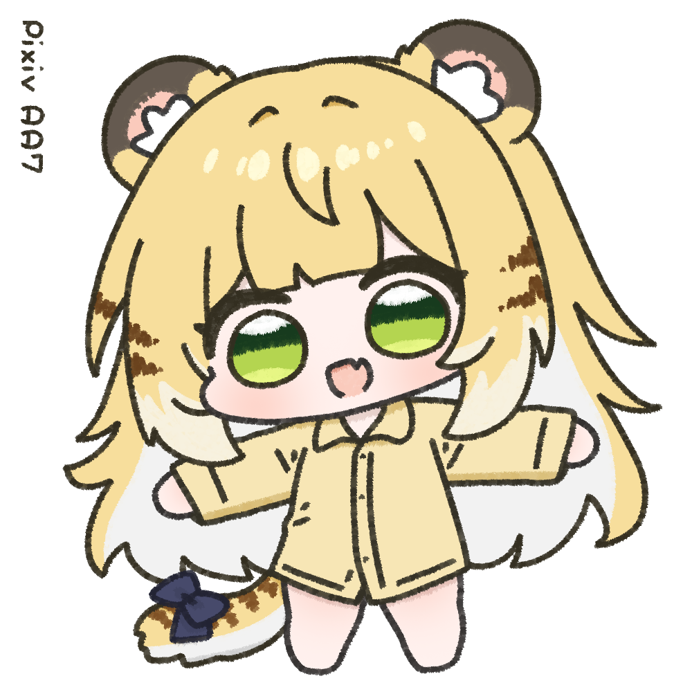 1girl aa7_(paa7) alternate_costume animal_ear_fluff animal_ears barefoot blonde_hair chibi colored_inner_hair full_body green_eyes ju_fufu long_hair looking_at_viewer multicolored_hair open_mouth pajamas simple_background smile solo tail tiger_ears tiger_girl tiger_tail white_background zenless_zone_zero