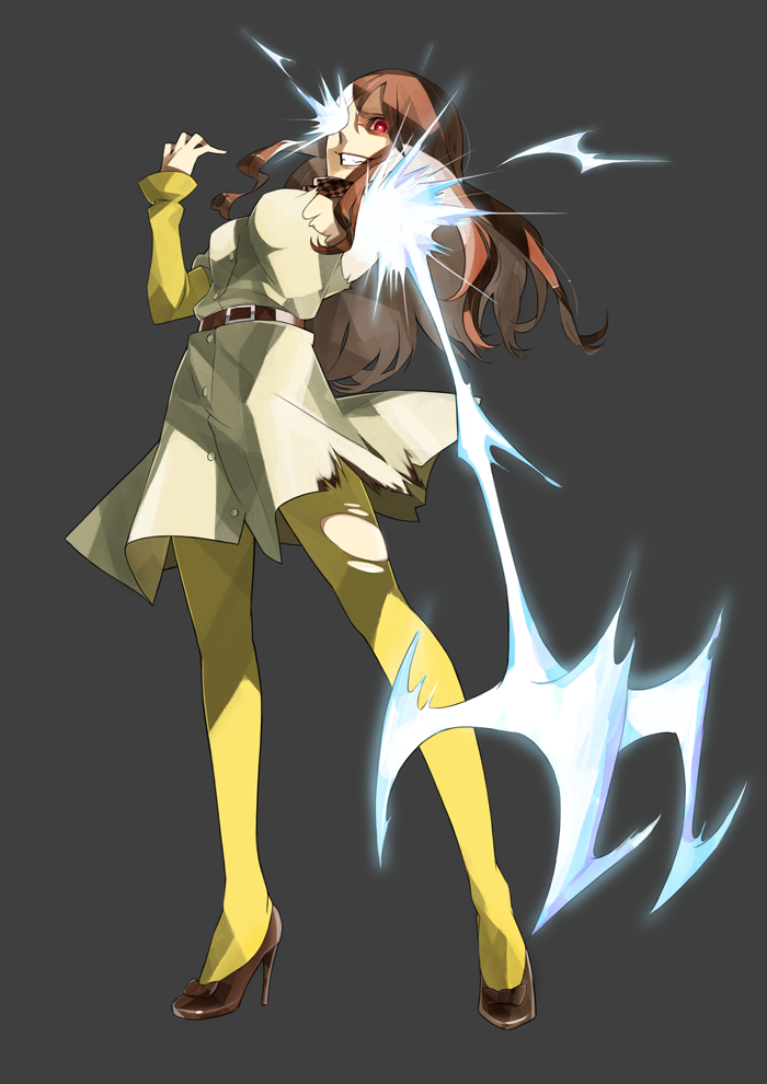 1girl amputee belt brown_hair coat electricity electrokinesis energy fantasy female_focus gajuumaru glowing glowing_eye glowing_eyes grin high_heels long_hair long_legs mugino_shizuri pantyhose prosthesis psychic science_fiction shoes smile solo toaru_majutsu_no_index toaru_majutsu_no_index:_old_testament torn_clothes torn_pantyhose yellow_pantyhose