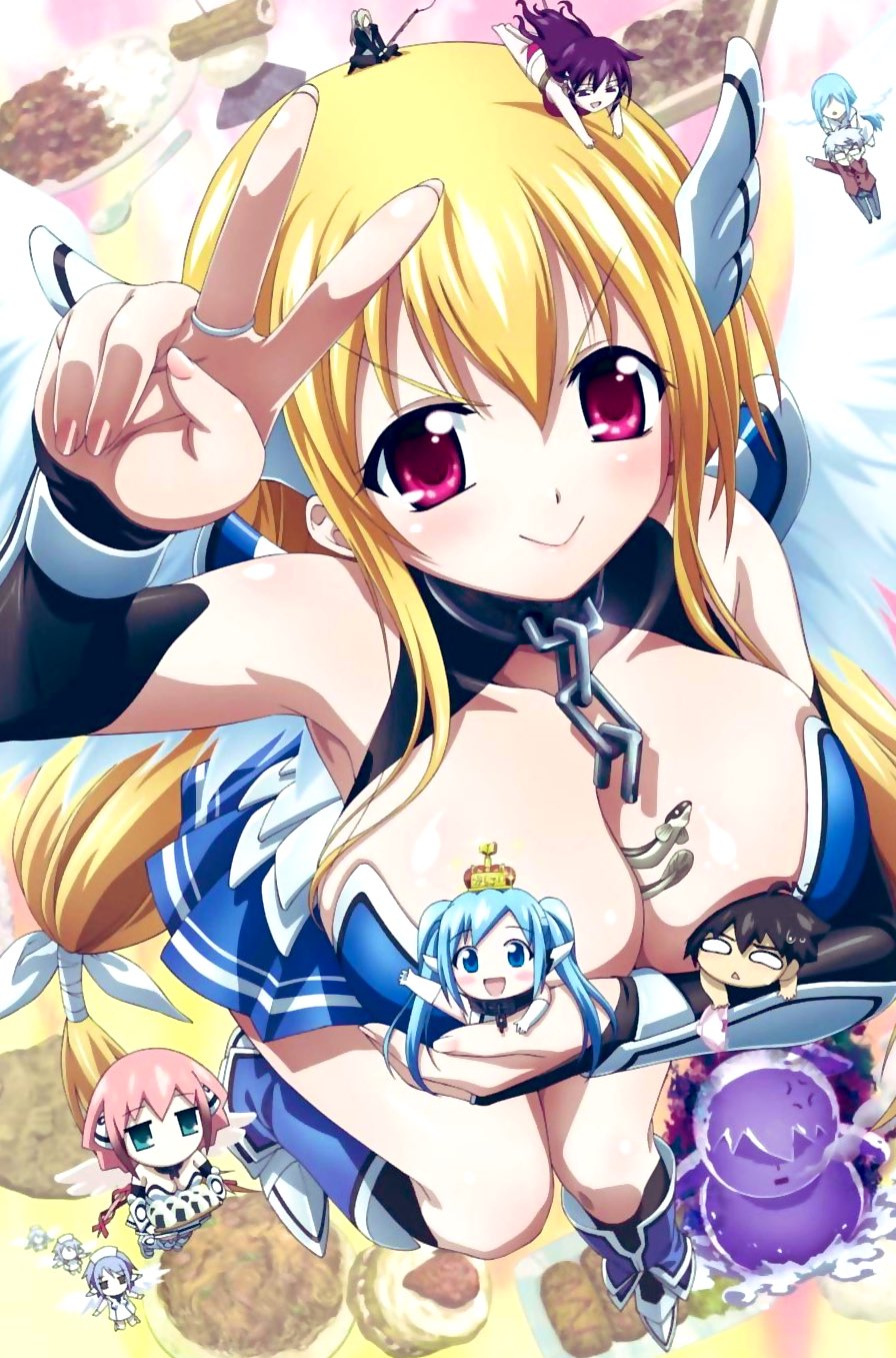 3boys 6+girls :&gt; angel astraea_(sora_no_otoshimono) blonde_hair blue_skirt breasts bridal_gauntlets broken broken_chain chain chibi chibi_inset cleavage closed_eyes closed_mouth clothing_cutout collar daedalus_(sora_no_otoshimono) feathered_wings foreshortening highres ikaros large_breasts man_from_the_judas_stall metal_collar multiple_boys multiple_girls nymph_(sora_no_otoshimono) official_art purple_eyes robot_ears sakurai_tomoki satsukitane_mikako skirt sora_no_otoshimono sugata_eishirou textless_version v v-shaped_eyebrows watanabe_yoshihiro white_wings wings