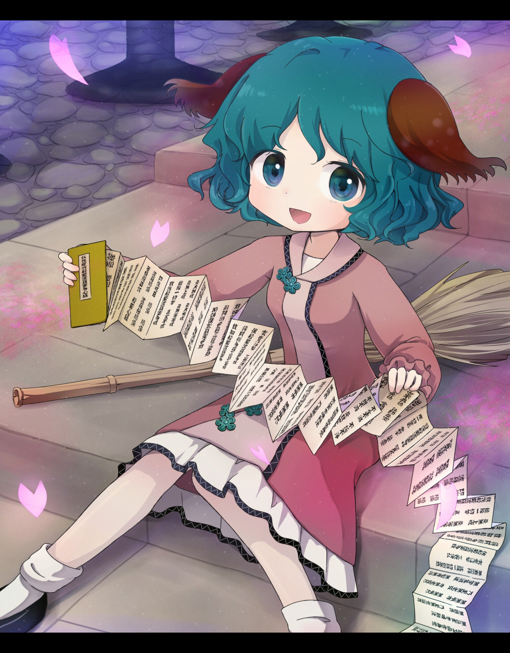 1girl animal_ears bamboo_broom broom dress female_focus green_eyes green_hair highres kasodani_kyouko matching_hair/eyes open_mouth outdoors pamphlet petals short_hair sitting sitting_on_stairs smile solo stairs tona_(nekotte) touhou wide_face