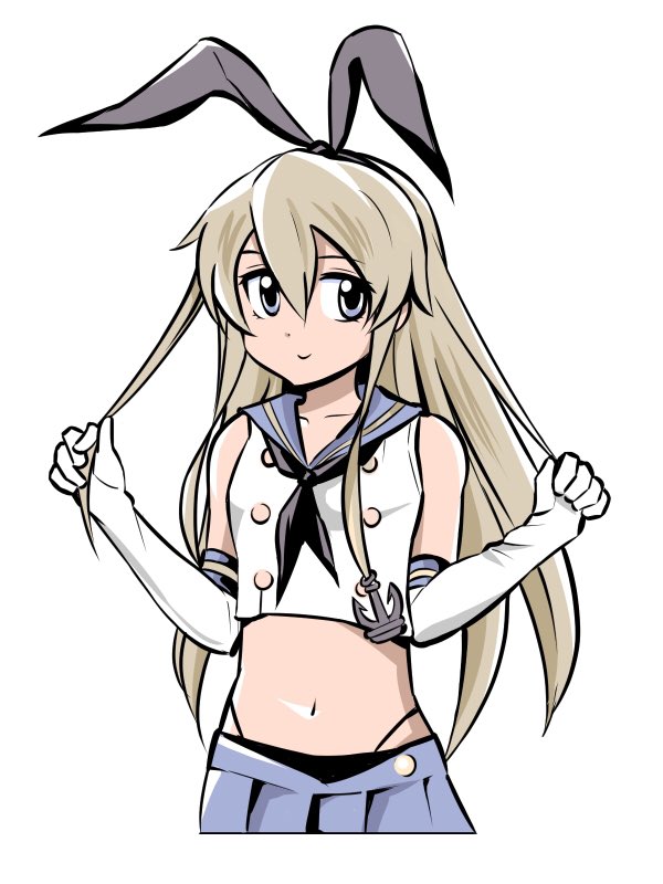 1girl anchor_hair_ornament animal_ears blonde_hair breasts rabbit_ears commentary_request elbow_gloves fake_animal_ears female_focus gloves green_eyes hair_between_eyes hair_ornament hairband inoue_kousei kantai_collection long_hair midriff navel neckerchief pleated_skirt school_uniform serafuku shimakaze_(kancolle) shirt sidelocks simple_background skirt sleeveless sleeveless_shirt small_breasts smile solo upper_body white_background white_gloves
