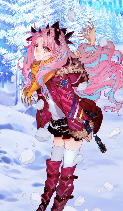 1girl belt black_skirt blue_hair boots breasts facial_mark fate/grand_order fate_(series) forehead_mark fur-trimmed_jacket fur_trim hair_ribbon horns ishtar_(fate) jacket knee_boots long_hair long_sleeves looking_at_viewer medium_breasts morii_shizuki multicolored_hair official_art parted_bangs pine_tree pink_boots pink_hair pink_jacket ribbon scarf shirt skirt smile snow solo space_ishtar_(dream_portrait)_(fate) space_ishtar_(fate) symbol-shaped_pupils thighhighs thighs tree two-tone_hair two_side_up white_shirt white_thighhighs yellow_eyes yellow_scarf