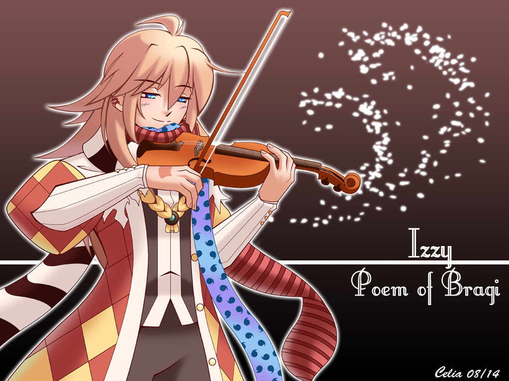 1boy ahoge argyle_clothes argyle_coat black_pants black_scarf black_vest blonde_hair blue_eyes blue_scarf bow_(music) brown_background character_name closed_mouth coat cowboy_shot hair_between_eyes holding holding_bow_(music) holding_instrument holding_violin instrument juliet_sleeves kiyokohasami long_hair long_sleeves male_focus minstrel_(ragnarok_online) music pants playing_instrument polka_dot polka_dot_scarf puffy_sleeves ragnarok_online red_coat red_scarf scarf smile solo striped_clothes striped_scarf vest violin white_scarf