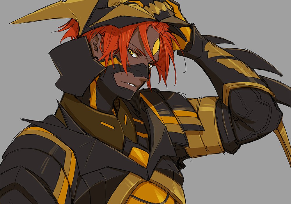 1boy alternate_costume ashwatthama_(fate) dark-skinned_male dark_skin fate/grand_order fate_(series) forehead_jewel head_tilt isshoku_(shiki) looking_at_viewer male_focus parted_lips red_hair solo tsurime upper_body very_dark_skin yellow_eyes