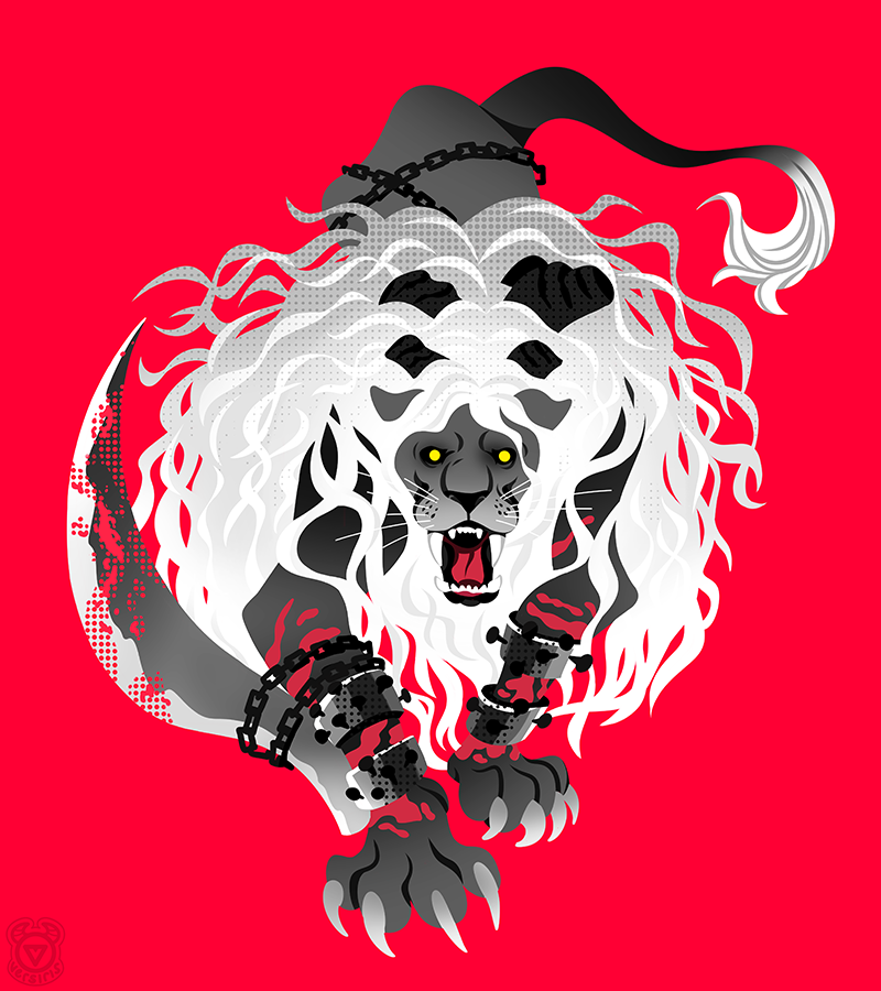 animal_focus chain elden_ring full_body high_contrast lion lion_guardian_(elden_ring) looking_at_viewer no_humans open_mouth red_background simple_background solo versiris yellow_eyes