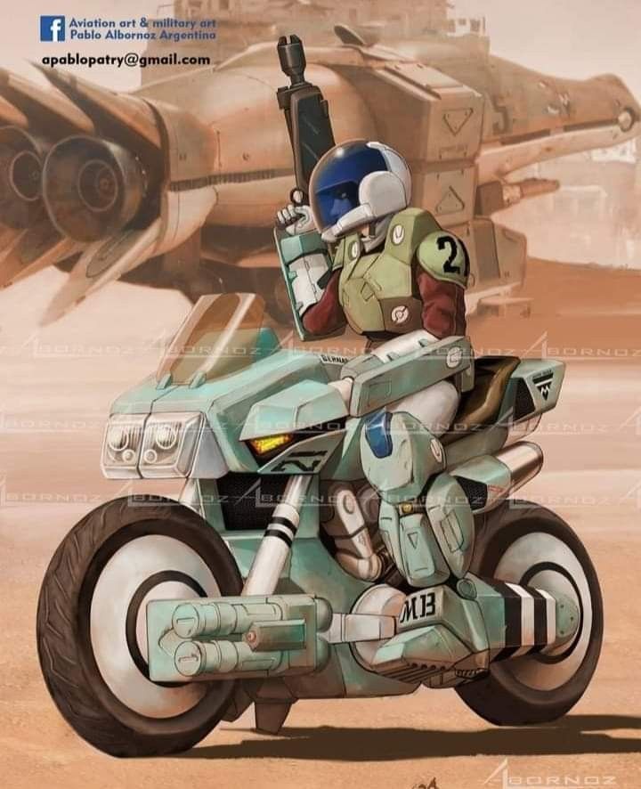 1boy armor beam_rifle boots concept_art desert dust energy_cannon energy_gun garfish_(spacecraft) gloves helmet kikou_souseiki_mospeada machinery mecha military military_vehicle missile missile_pod mospeada mospeada_(mecha) motor_vehicle motorcycle pablo_albornoz power_armor realistic ride_armor riding robot robotech science_fiction shadow signature spacecraft stick_bernard turret unused_tire weapon