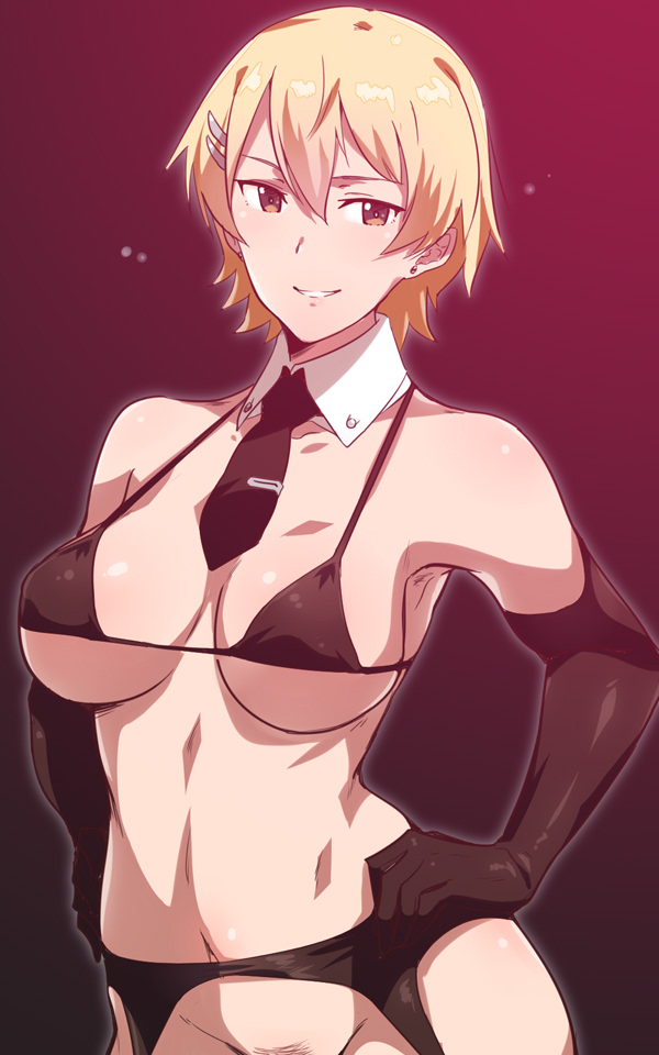 1girl bikini black_bikini black_gloves blonde_hair blush breasts brown_eyes chris_keera detached_collar earrings elbow_gloves em_(totsuzen_no_hakike) female_focus female_pubic_hair garter_belt gloves gradient_background grin hair_ornament hands_up jewelry looking_at_viewer necktie noble_witches pubic_hair short_hair smile solo strike_witches swimsuit world_witches_series